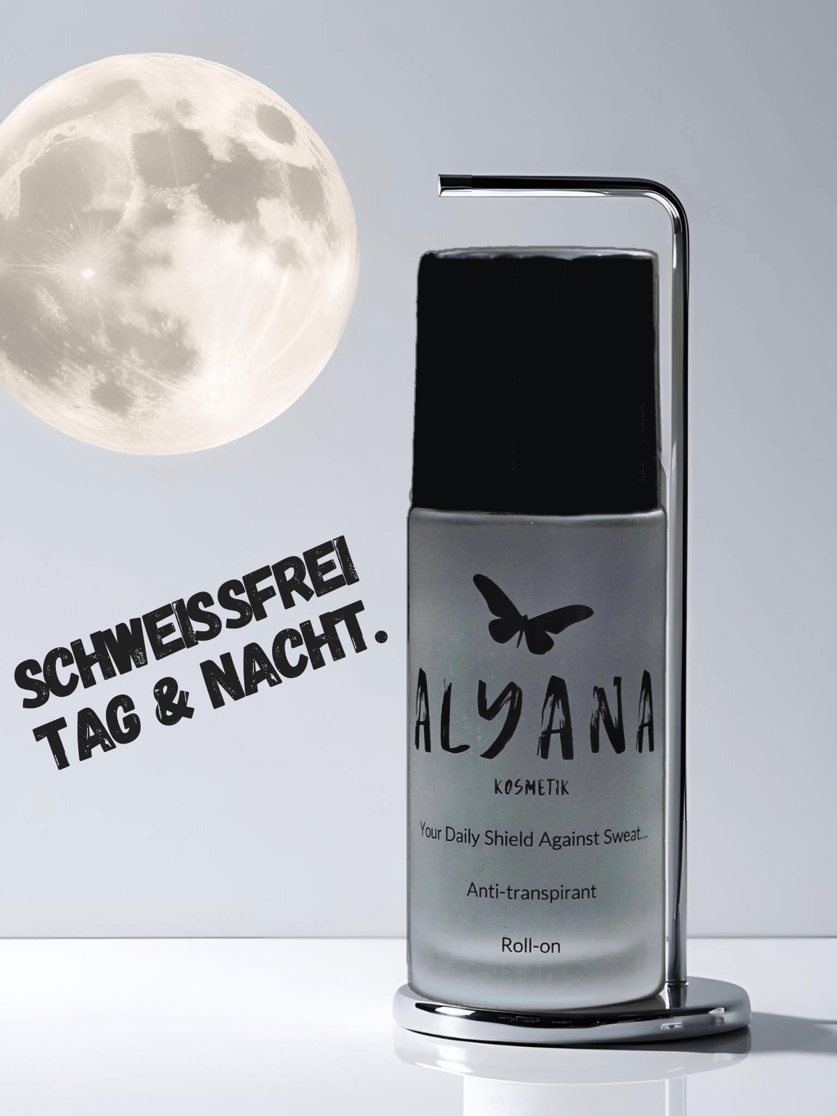 Alyana Antitranspirant Roll-on against sweat, promoting all-day freshness and confidence, with a moon backdrop.