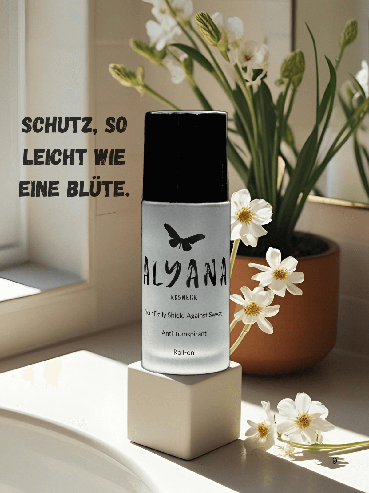 Alyana Antitranspirant Roll-on showcasing protection against sweat, beside fresh flowers in a bright bathroom.
